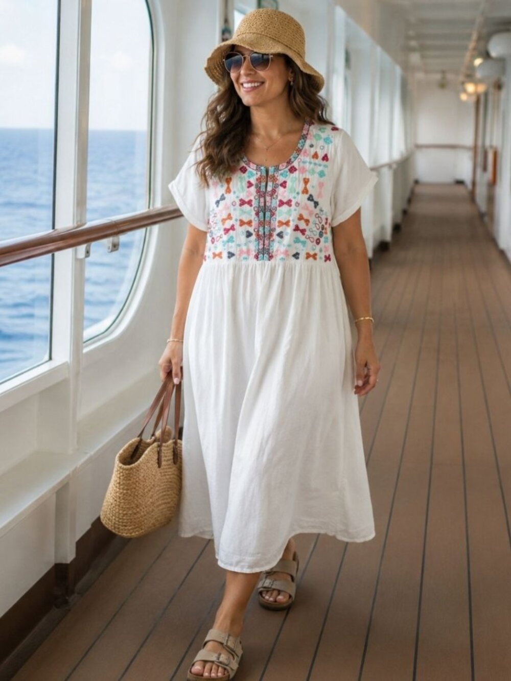 Roberta Roller Rabbit Large White Embroidered Short Sleeve Dress Cotton Bl Boho